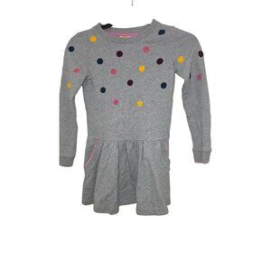 Mini Boden Girls Gray Long-Sleeve Dress Colorful Polka Dot Embroidery Size 7-8